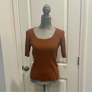 Rust Square Neck 3/4 Sleeve Ribbed Fitted Top